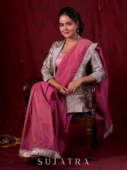 Blush Pink Tissue Saree with Grey Brocade Border & Mirror Lace Detailing
