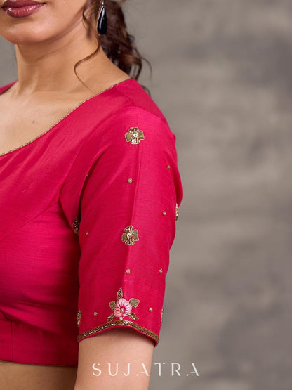 Hot Pink Cotton Silk Blouse with Floral Embroidery on Sleeves & Back
