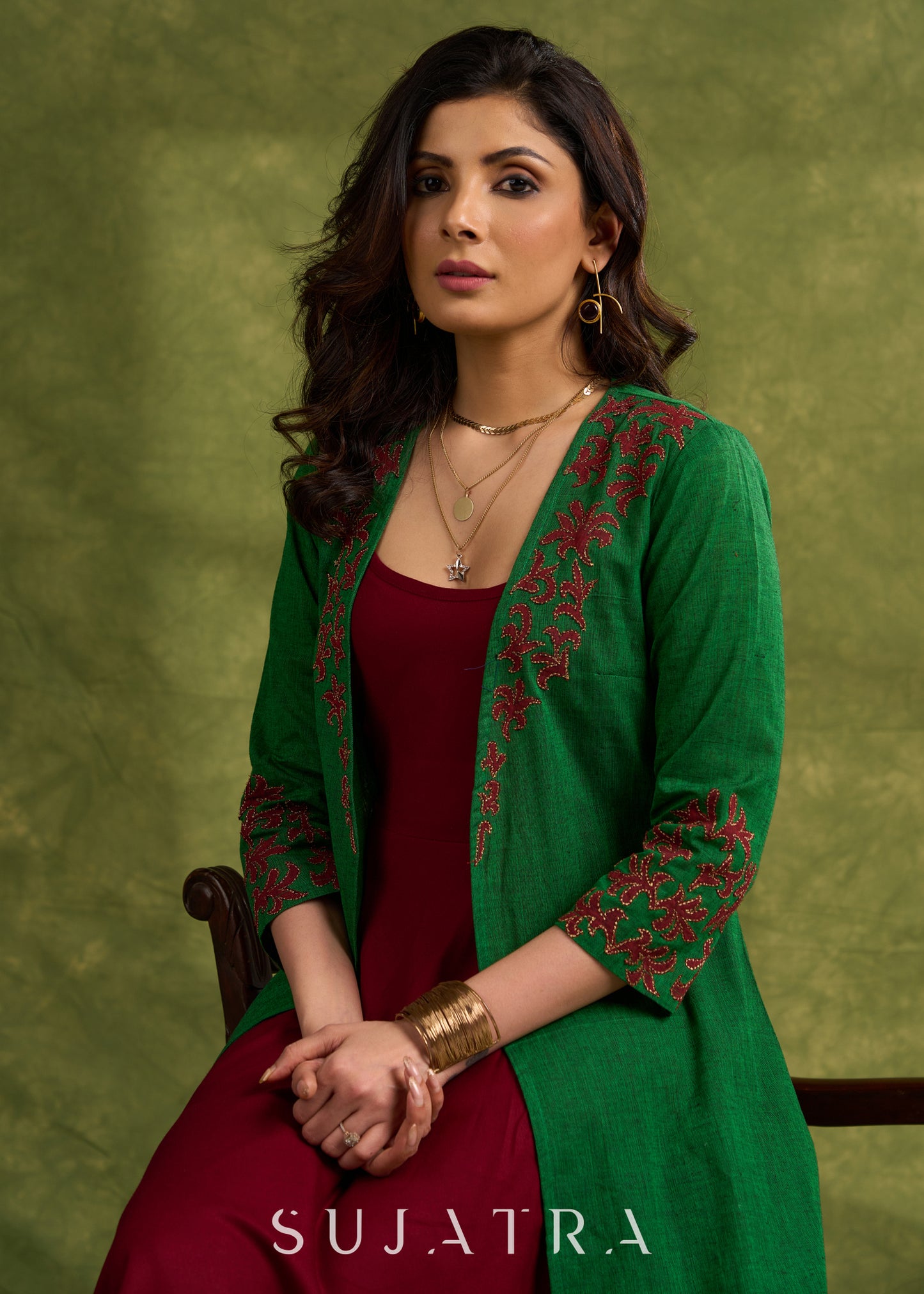 Hand Crafted Emerald Green Cotton Shrug With Vibrant Maroon Applique Accents   Dress Optional