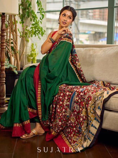 Classic Bottle Green Cotton Saree with Contrast Maroon Border & Hand Painted Pen Kalamkari Pallu