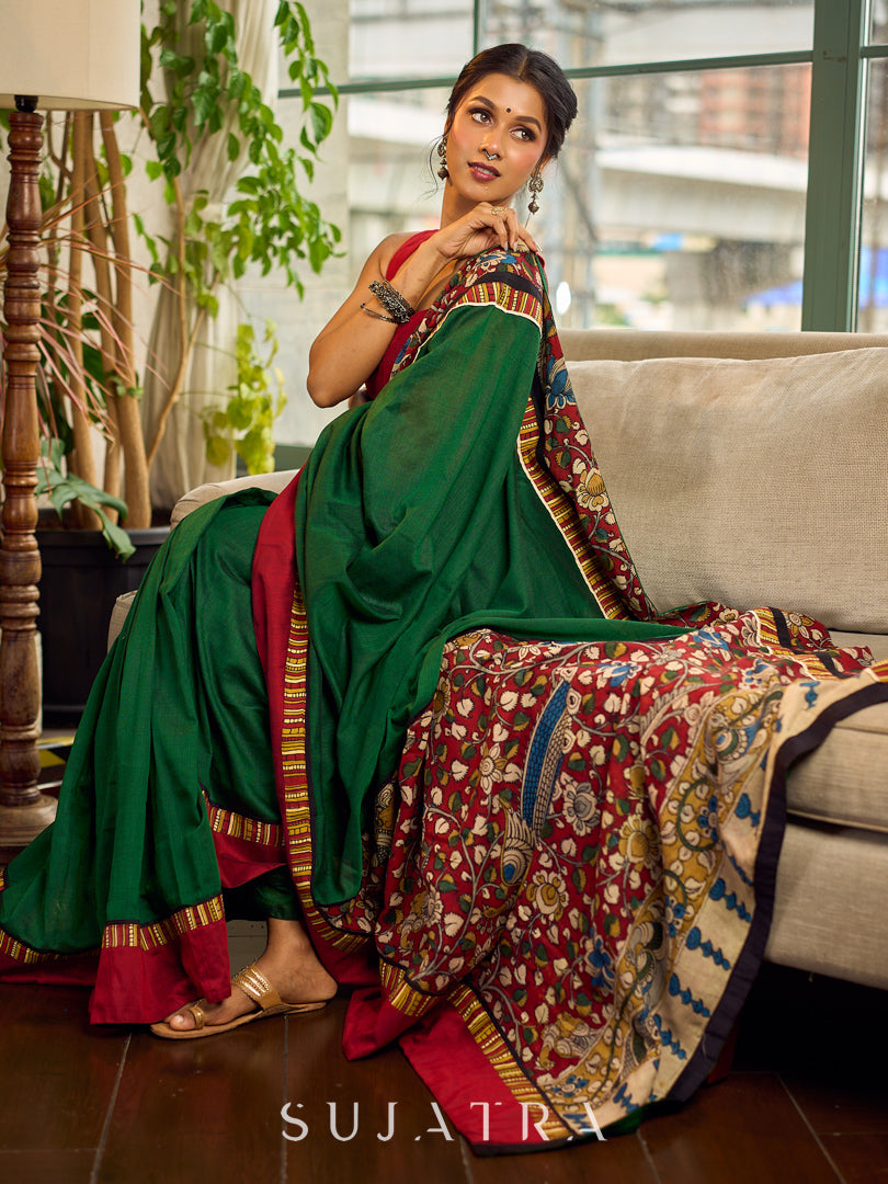 Classic Bottle Green Cotton Saree with Contrast Maroon Border & Hand Painted Pen Kalamkari Pallu