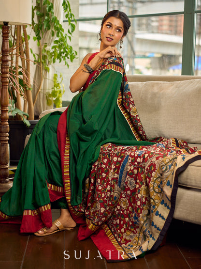 Classic Bottle Green Cotton Saree with Contrast Maroon Border & Hand Painted Pen Kalamkari Pallu