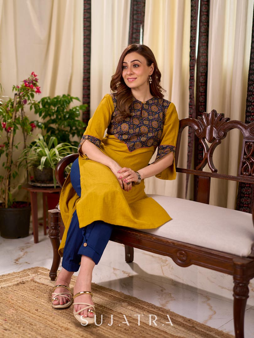 Bright Mustard Cotton Straight Kurta with Dark Blue Floral Yoke Detail