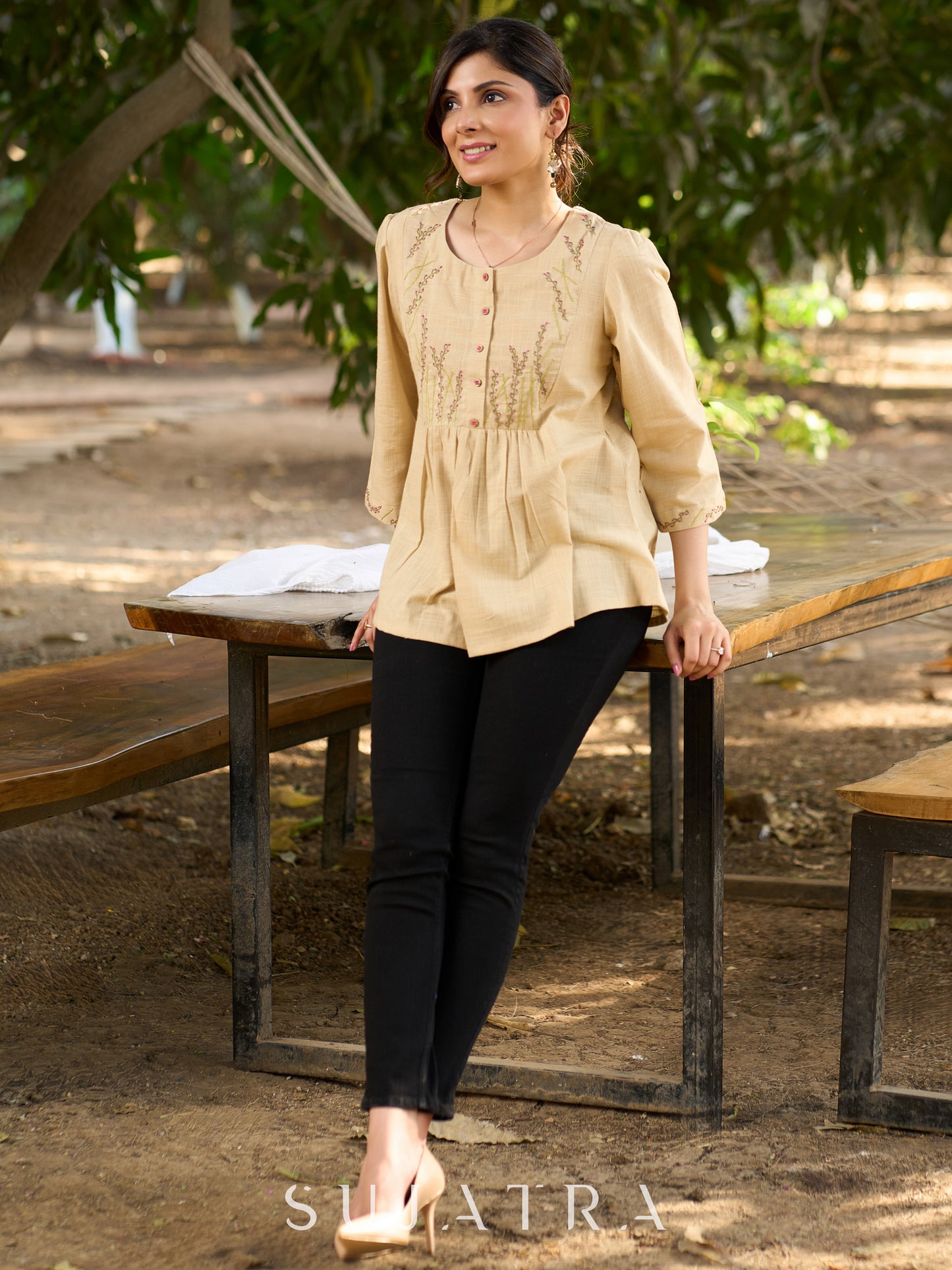 Blooming Beige Cotton Slub Top with Exquisite Hand Embroidered Yoke, Sleeves & Intricate Button Embellishments