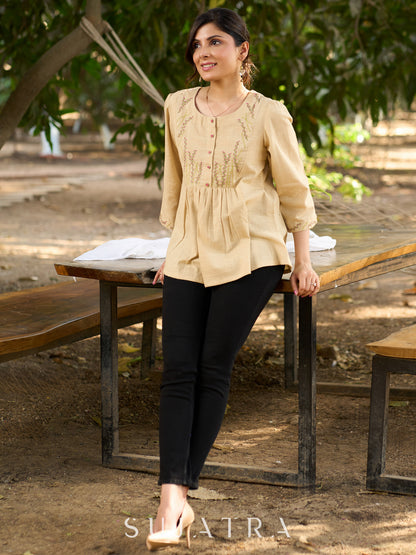 Blooming Beige Cotton Slub Top with Exquisite Hand Embroidered Yoke, Sleeves & Intricate Button Embellishments