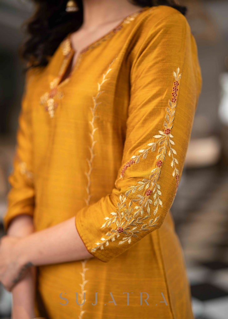 Elegant Mustard Cotton Silk Pant & Kurta With Gold Rust Embroidered Detailing - Dupatta Optional