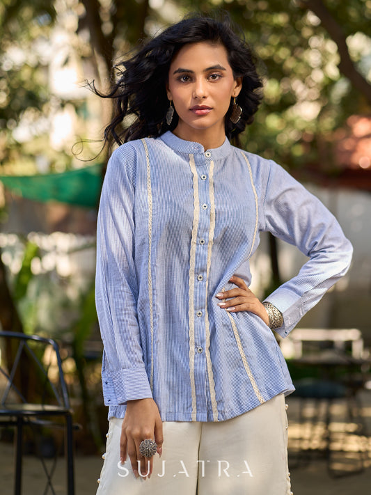 Light Blue Cotton Striped Shirt with Soft Lace Touches