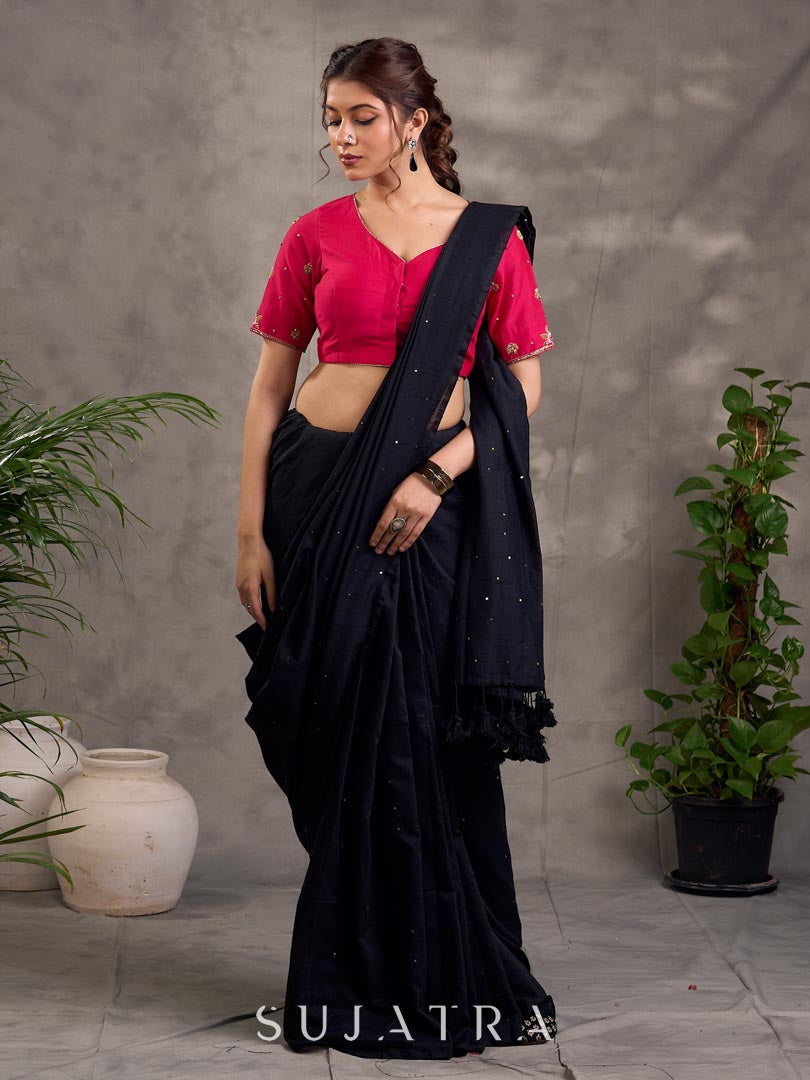 Sleek Black Cotton Saree with Minimal Embellishment