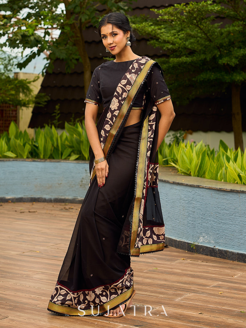 Vibrant Black Georgette Saree with Golden Zari Border & Kalamkari Floral Print Pallu & Border