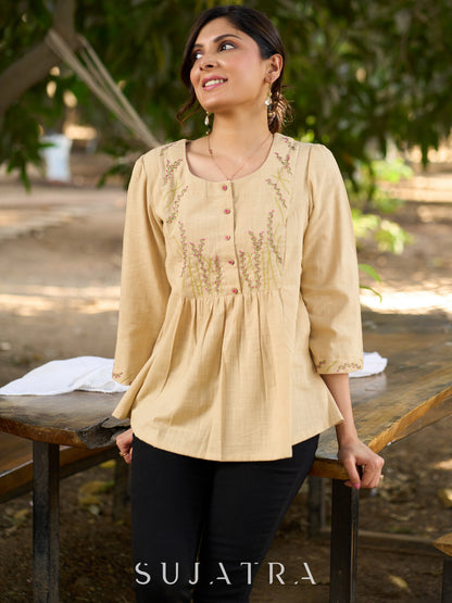 Blooming Beige Cotton Slub Top with Exquisite Hand Embroidered Yoke, Sleeves & Intricate Button Embellishments