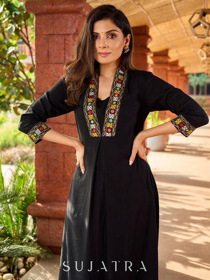 Traditional black rayon A-line kurta with traditional Kutch mirror work - pant optional