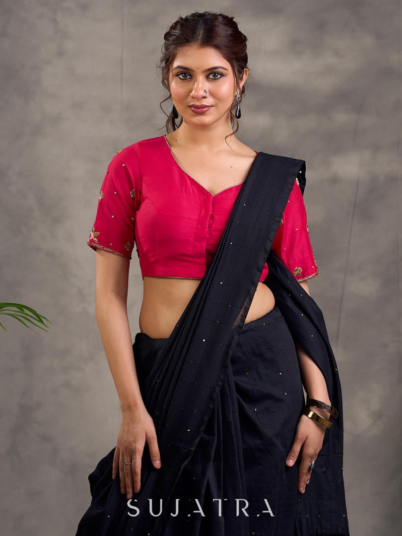 Sleek Black Cotton Saree with Minimal Embellishment