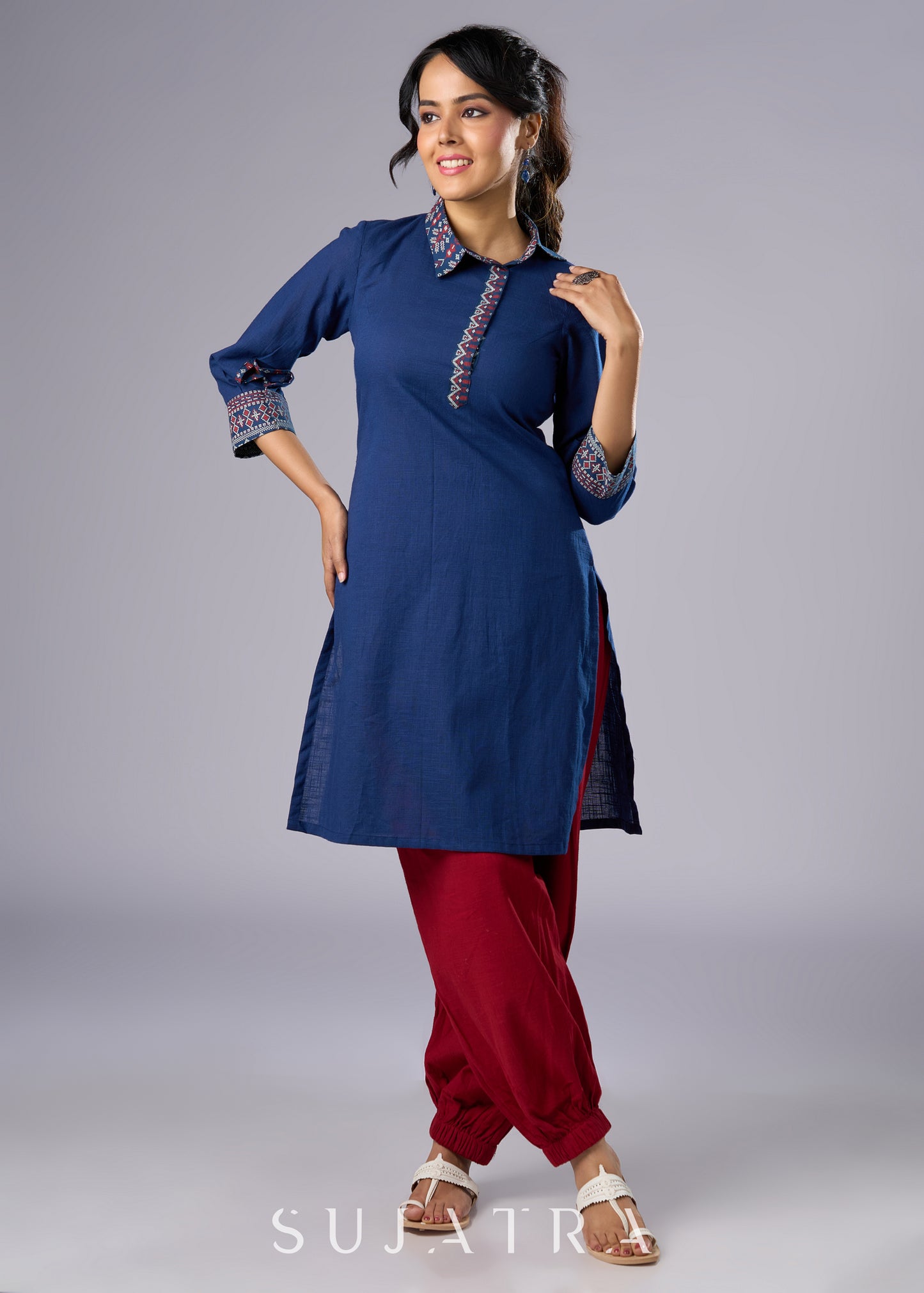 Classic Navy Blue Cotton Tunic with Stylish Collar - Pant Additional