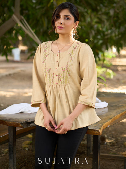 Blooming Beige Cotton Slub Top with Exquisite Hand Embroidered Yoke, Sleeves & Intricate Button Embellishments