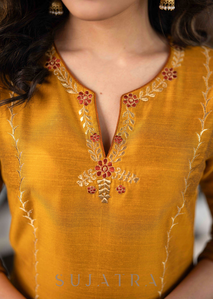 Elegant Mustard Cotton Silk Pant & Kurta With Gold Rust Embroidered Detailing - Dupatta Optional