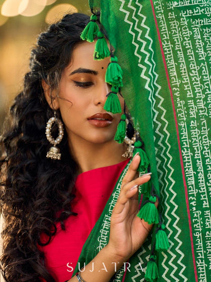 Refined Green Cotton Saree with Hand Block Printed Slogan Border & Contrasting Pink Accents