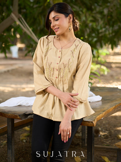 Blooming Beige Cotton Slub Top with Exquisite Hand Embroidered Yoke, Sleeves & Intricate Button Embellishments