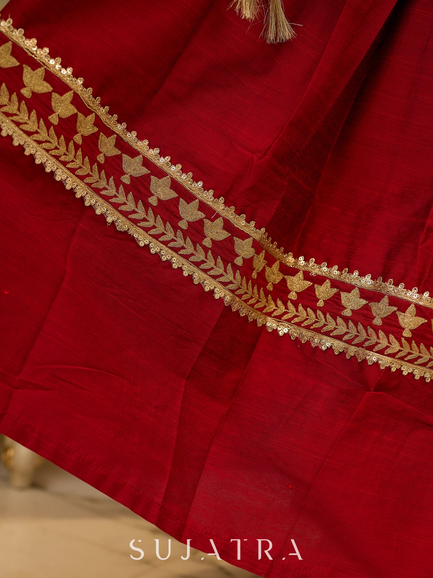 A traditional look featuring a red Cotton silk lehenga with a green Cotton silk choli with brocade yoke  - Contrast dupatta optional