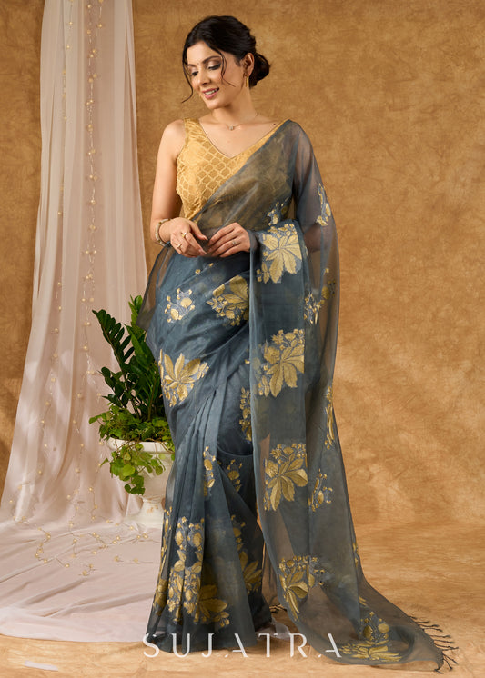Distinctive Grey Kota Organza Saree With Embroidered Motifs All Over