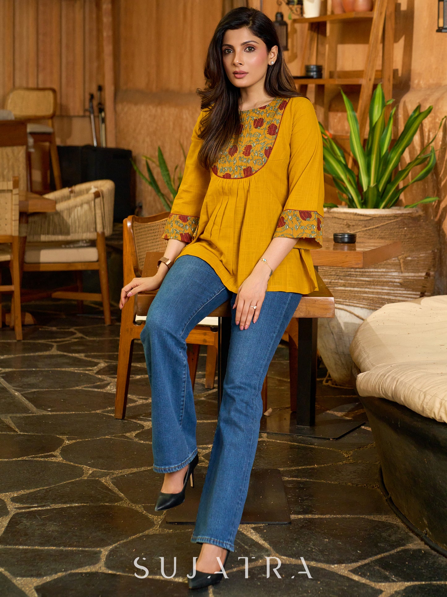 Handcrafted Mustard Cotton Top with Floral Print Pintucks Yoke and Sleeves