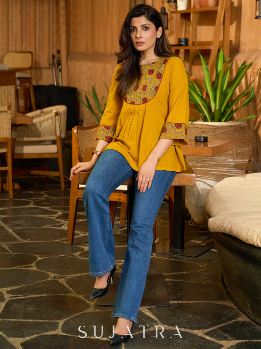 Handcrafted Mustard Cotton Top with Floral Print Pintucks Yoke and Sleeves