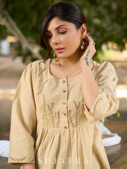 Blooming Beige Cotton Slub Top with Exquisite Hand Embroidered Yoke, Sleeves & Intricate Button Embellishments