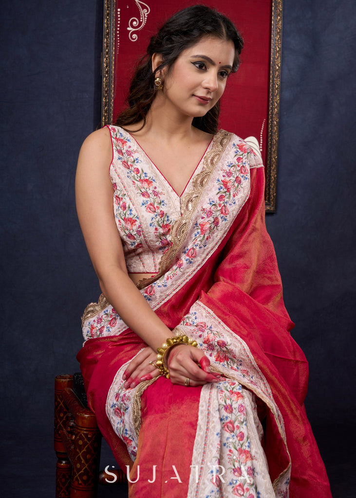 Gorgeous Pink Tissue Saree with Chickankari Pleats & Border highlighted with Gold border