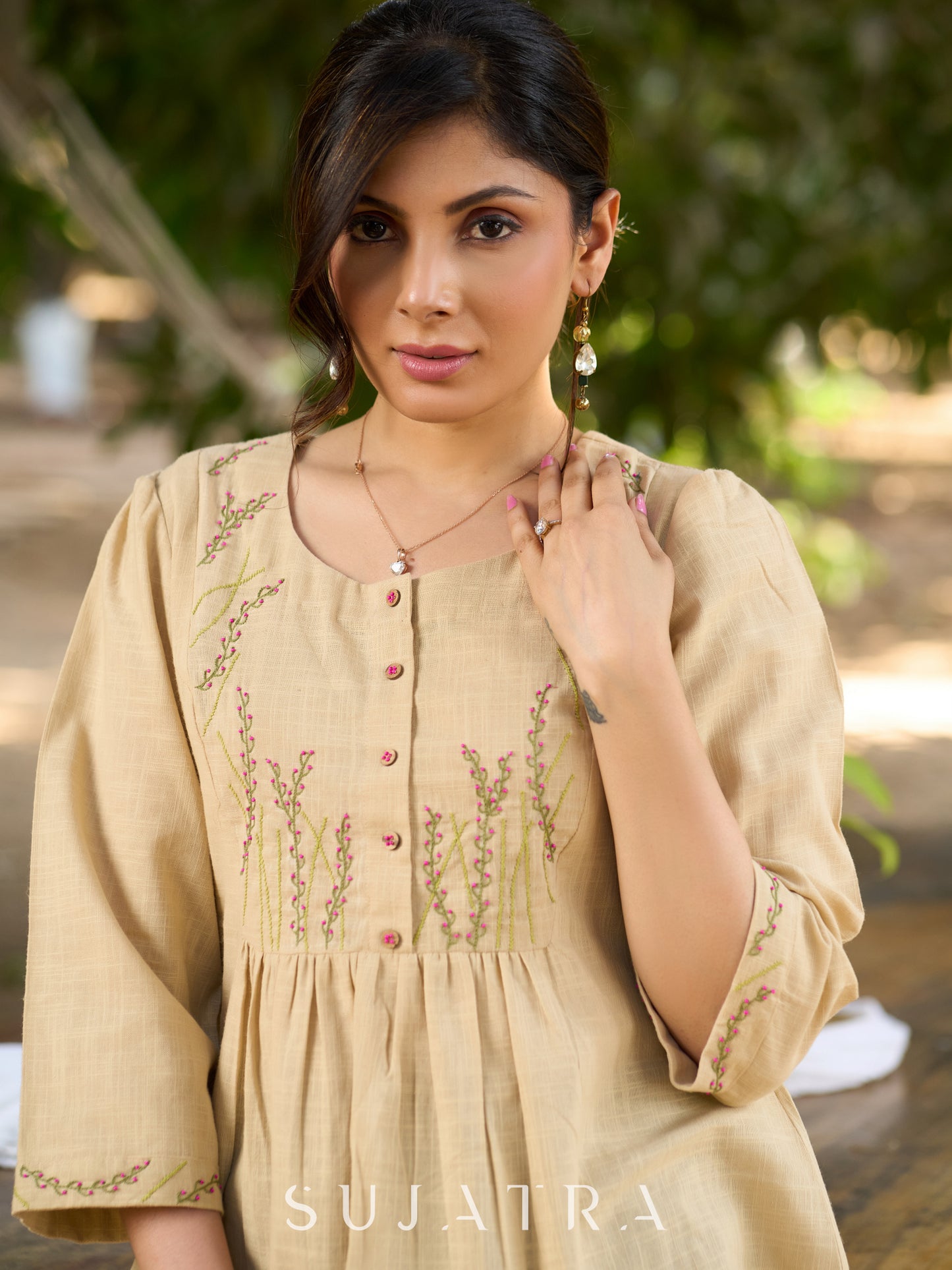 Blooming Beige Cotton Slub Top with Exquisite Hand Embroidered Yoke, Sleeves & Intricate Button Embellishments