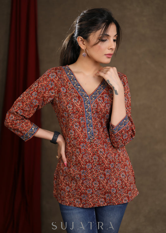 Smart Maroon Ajrakh Printed Top & Stone Embellishment