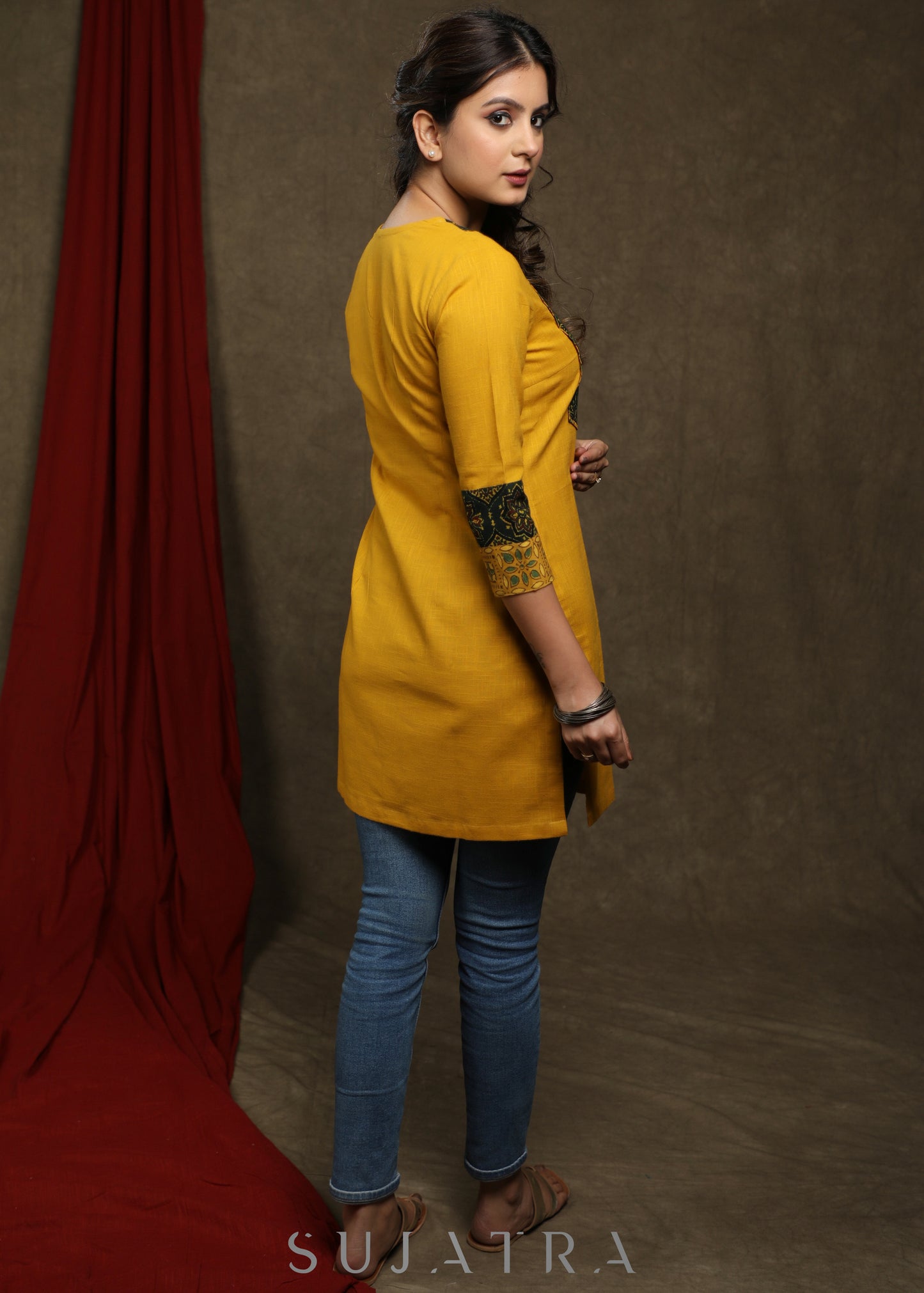 Elegant mustard cotton tunic with ajrakh combination on yoke and sleeves