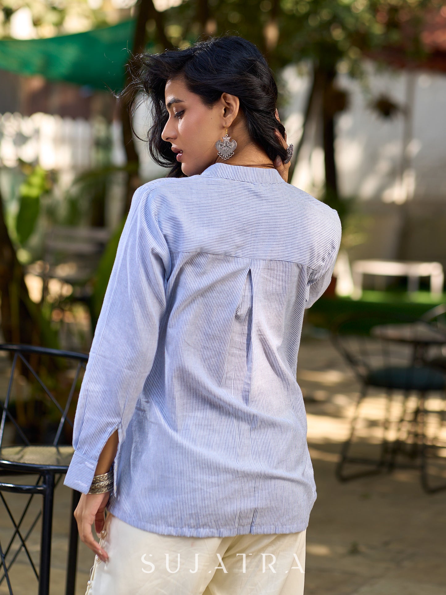 Light Blue Cotton Striped Shirt with Soft Lace Touches