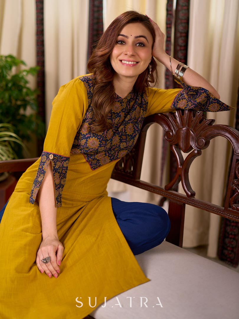 Bright Mustard Cotton Straight Kurta with Dark Blue Floral Yoke Detail