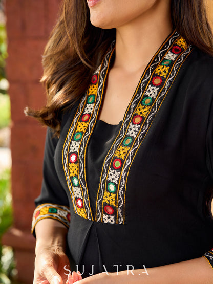 Traditional black rayon A-line kurta with traditional Kutch mirror work - pant optional
