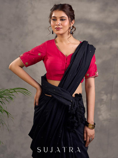Hot Pink Cotton Silk Blouse with Floral Embroidery on Sleeves & Back