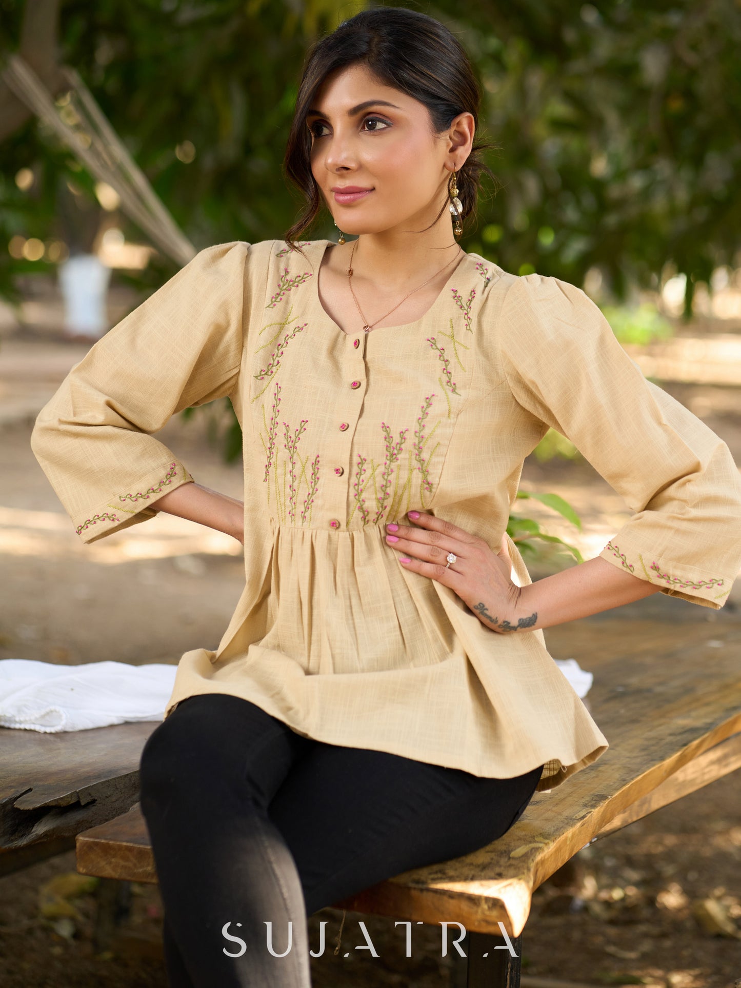 Blooming Beige Cotton Slub Top with Exquisite Hand Embroidered Yoke, Sleeves & Intricate Button Embellishments