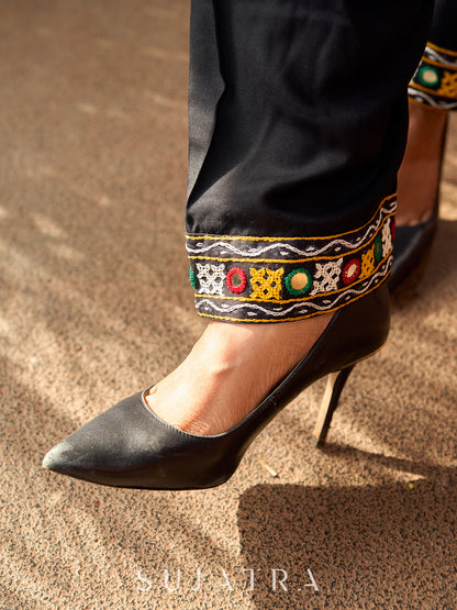 Traditional black rayon A-line kurta with traditional Kutch mirror work - pant optional