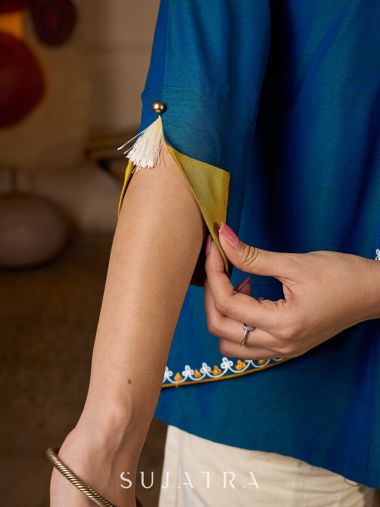Elegant Embroidered Turquoise Blue Cotton Silk Wrap Top with Mustard Contrast Highlights