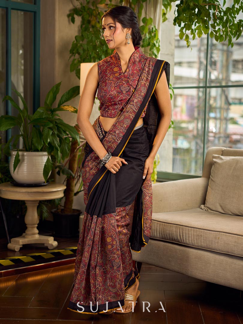 Regal Rust-Brown Chanderi Kalamkari Floral Chanderi Saree with Contrast Black Pallu