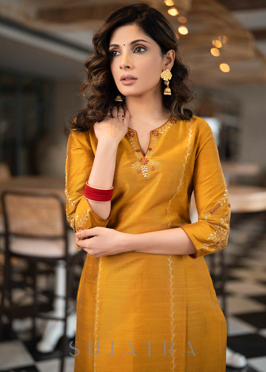 Elegant Mustard Cotton Silk Kurta With Gold Rust Embroidered Detailing