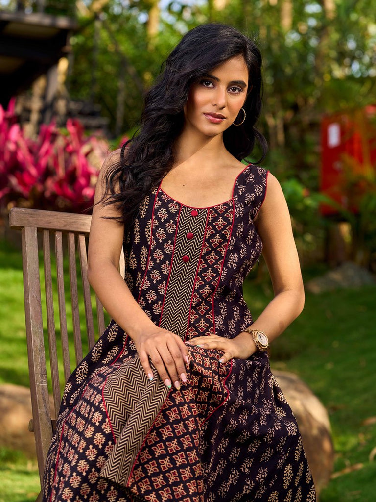 Handcrafted Ajrakh Cotton Paneled Sleeveless Dress with Traditional Prints &  Contrast Detailing
