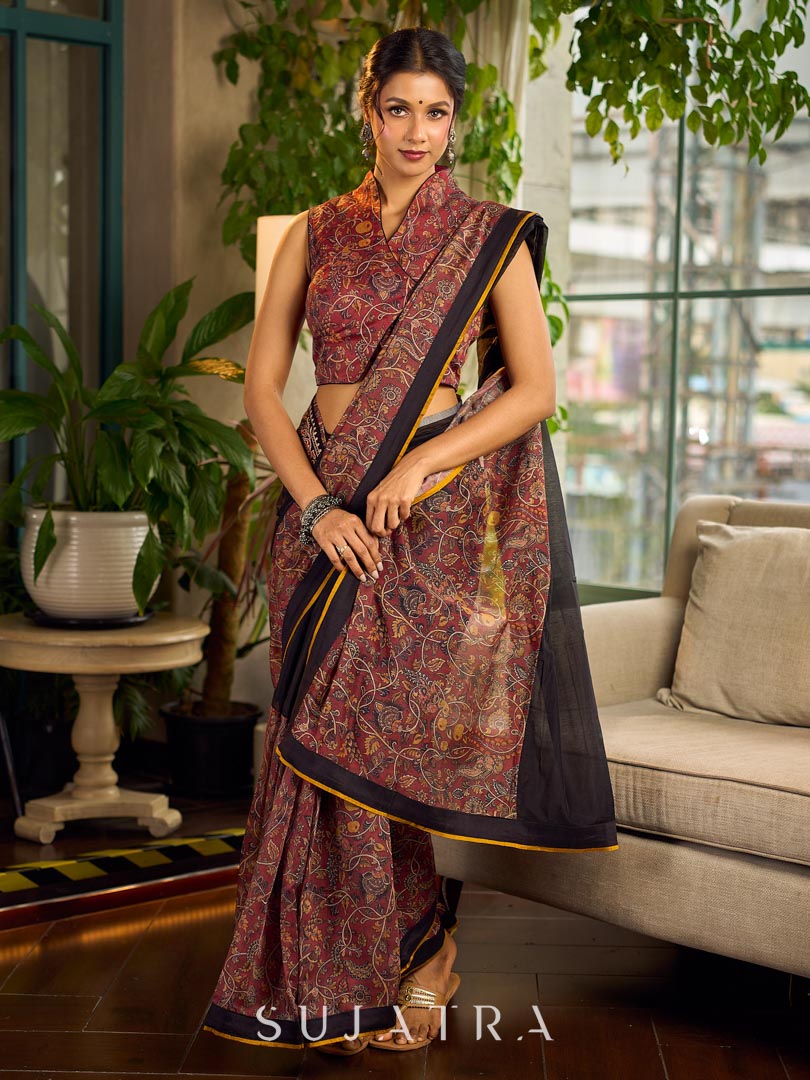 Regal Rust-Brown Chanderi Kalamkari Floral Chanderi Saree with Contrast Black Pallu