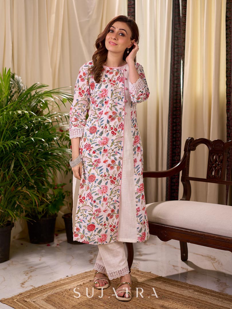 Soft White Mul Cotton Floral Hand Block Print Overlapping Straight Kurta with Pleated Scallop Lace Sleeve