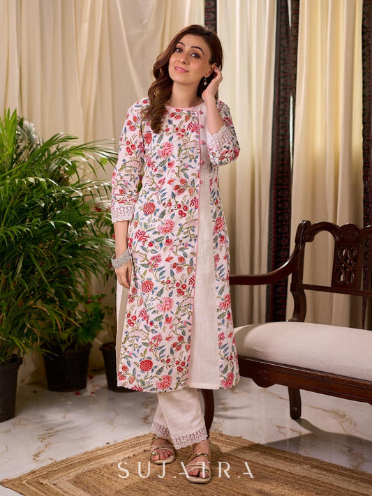 Soft White Mul Cotton Floral Hand Block Print Overlapping Straight Kurta with Pleated Scallop Lace Sleeve