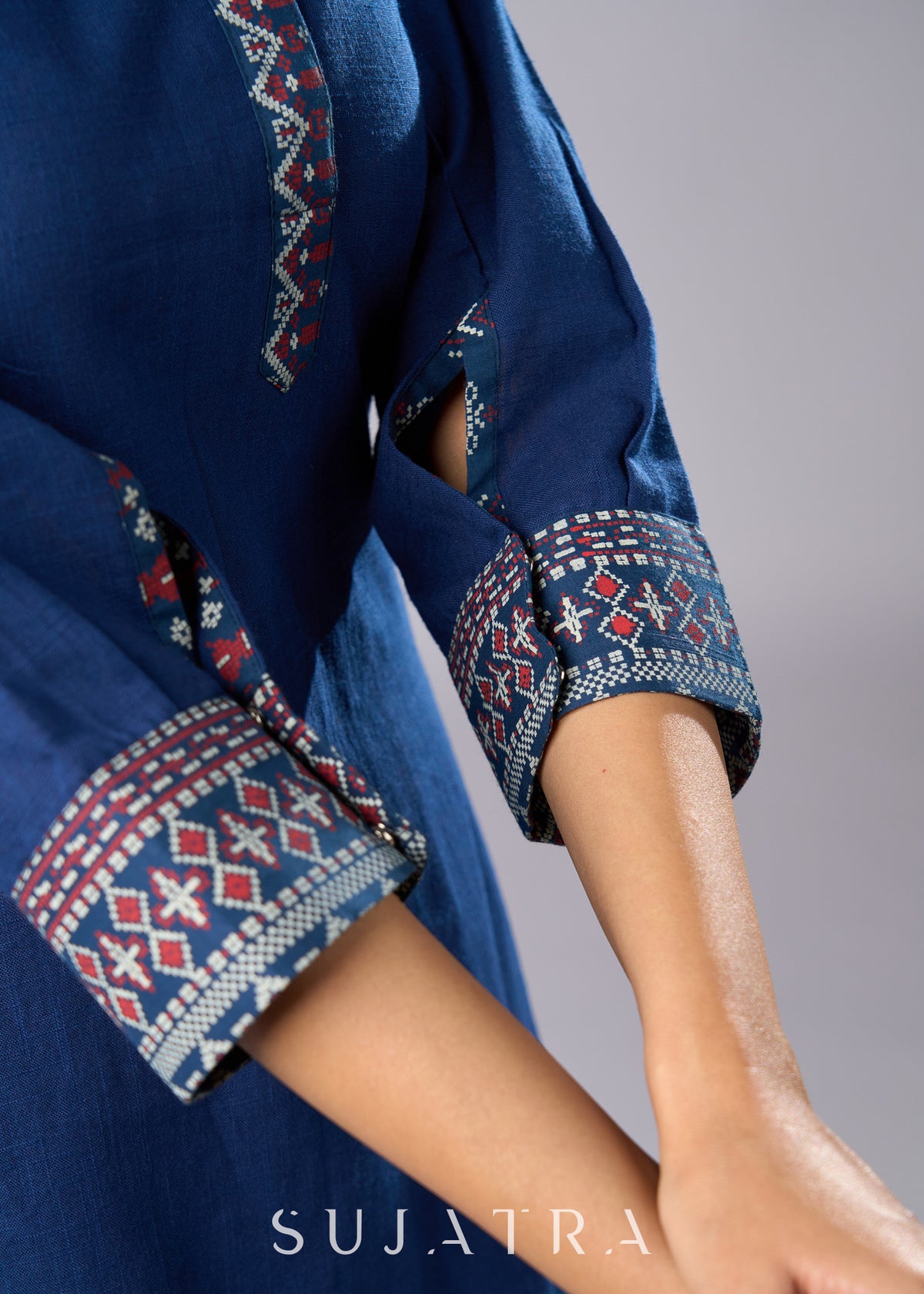 Dussehra Sale — Classic Navy Blue Cotton Tunic with Stylish Collar - Pant Optional