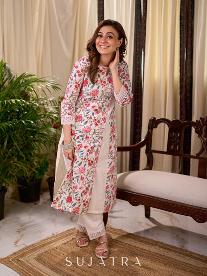 Soft White Mul Cotton Floral Hand Block Print Overlapping Straight Kurta with Pleated Scallop Lace Sleeve