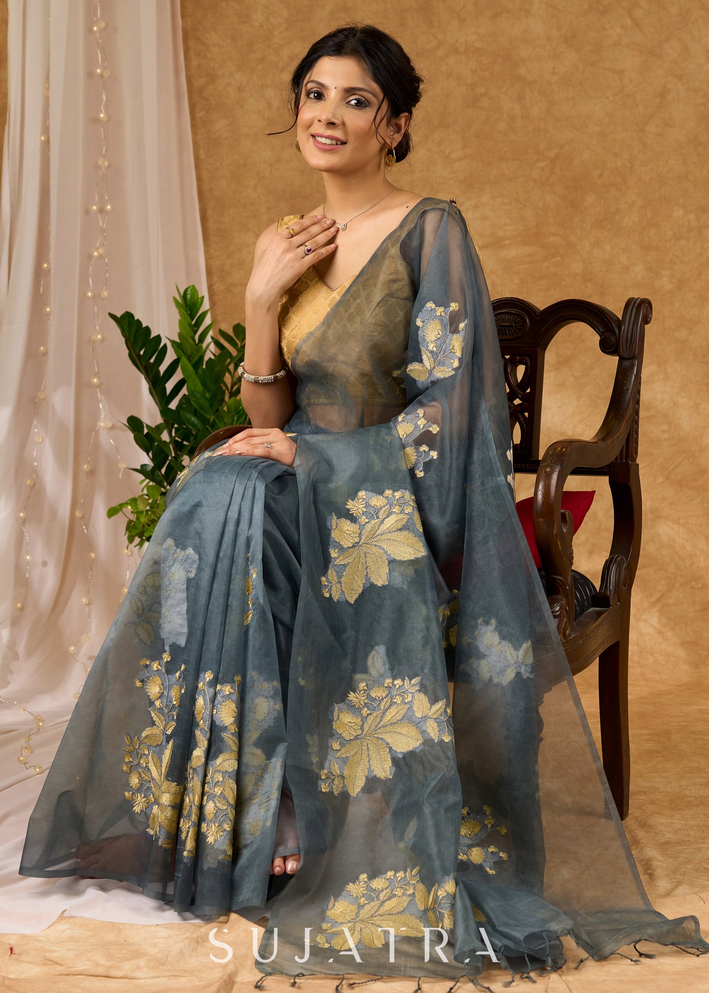 Distinctive Grey Kota Organza Saree With Embroidered Motifs All Over