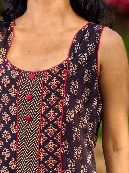 Handcrafted Ajrakh Cotton Paneled Sleeveless Dress with Traditional Prints &  Contrast Detailing