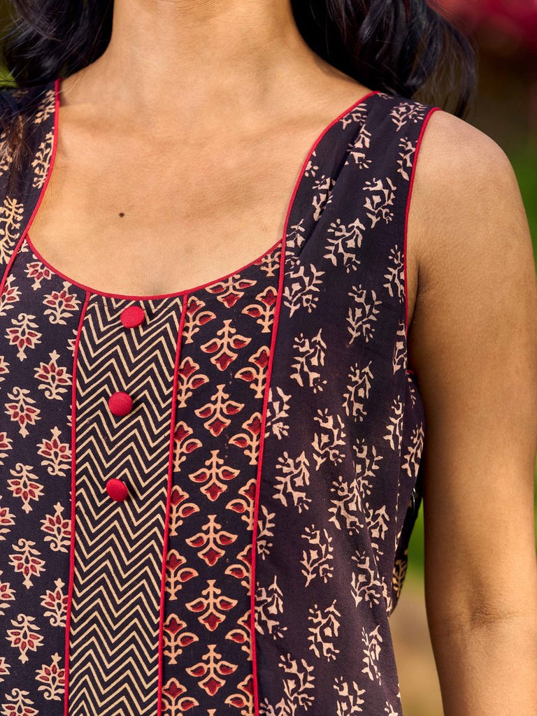 Handcrafted Ajrakh Cotton Paneled Sleeveless Dress with Traditional Prints &  Contrast Detailing