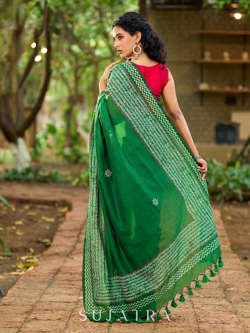 Refined Green Cotton Saree with Hand Block Printed Slogan Border & Contrasting Pink Accents