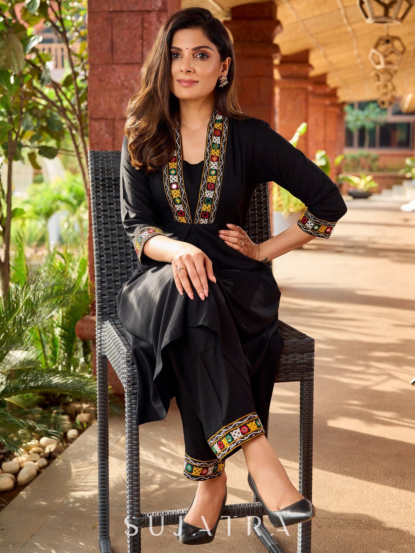 Traditional black rayon A-line kurta with traditional Kutch mirror work - pant optional